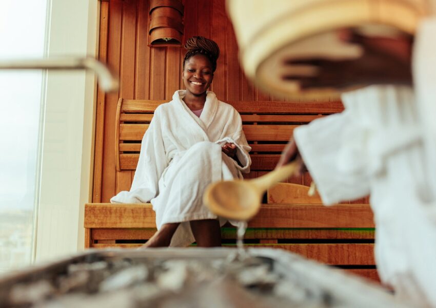 Wealthy couple in sauna.